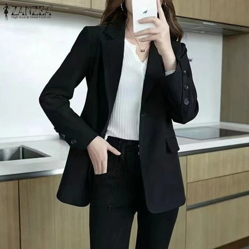 Women's Casual Blazer Elegant Office Lady Long Sleeve Lapel Neck Suit Jackets 2025 Korean Fashion Solid Commute Outerwear