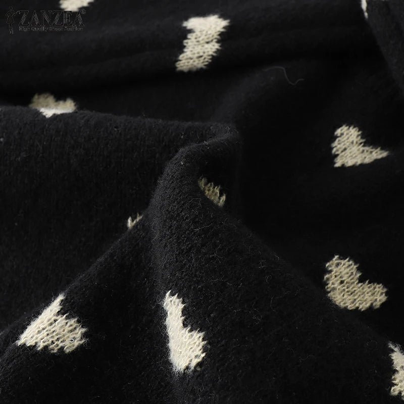 Women Loose Knitted Sweaters 2025 Spring Autumn Lantern Sleeve O Neck Heart Pattern Pullovers Streetwear Stylish Tops