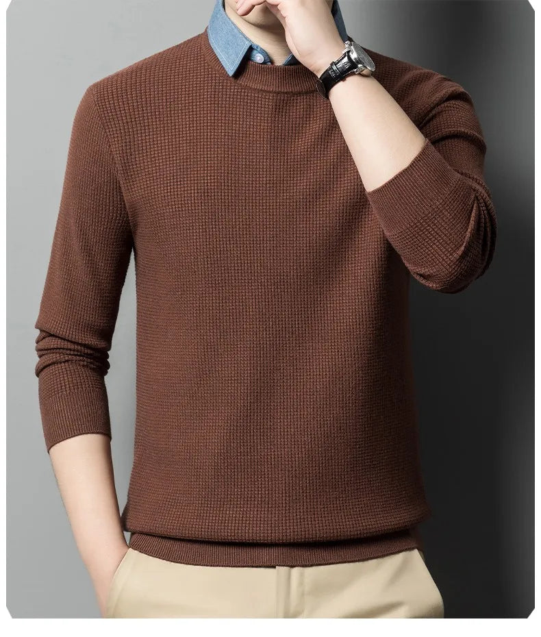 Men's Top Grade Fake Two Collared Fashion, Designer Knitted Pullover Sweater, Casual Brand Slim Fit Male Jumpers