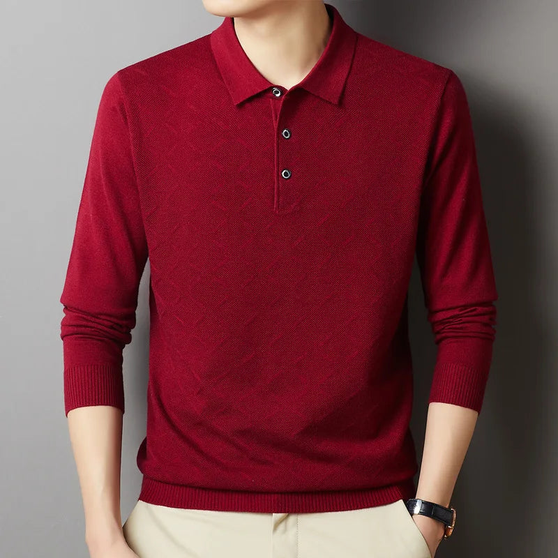 Men's High Quality Woollen Polo Shirt, Blend Fashionable Embroidered Long Sleeve Tee, Korean Style Casual Menswear
