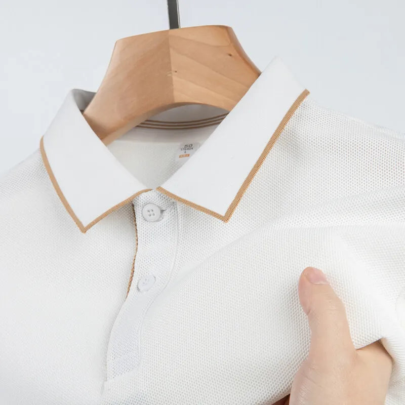 Men's Business Casual Polo Shirt With White Trim Short Sleeve, Classic Collar Design, Breathable, & Male Stylish T-Shirt