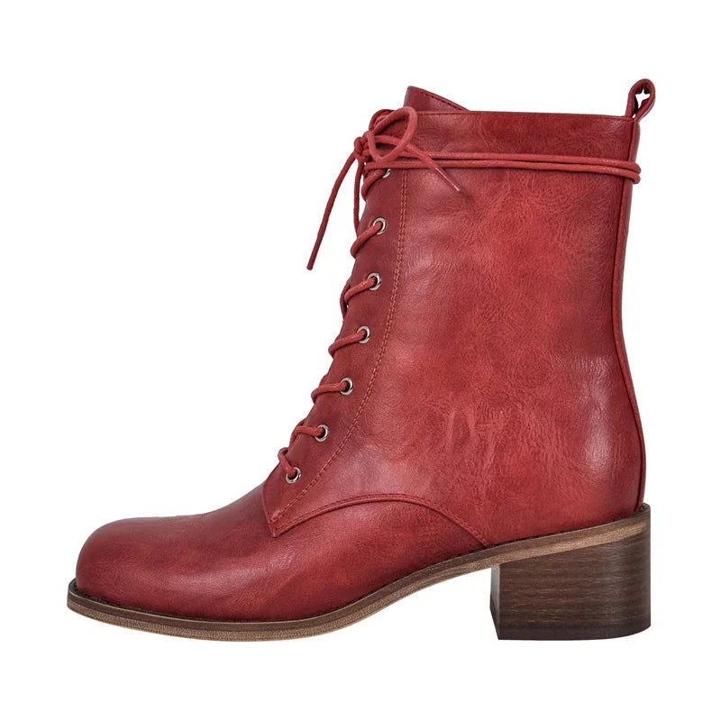 Women Brown Lace UP Ankle Boots Round Toe Gothic Heeled Concise Side Zipper Winter Motorcycle Boots