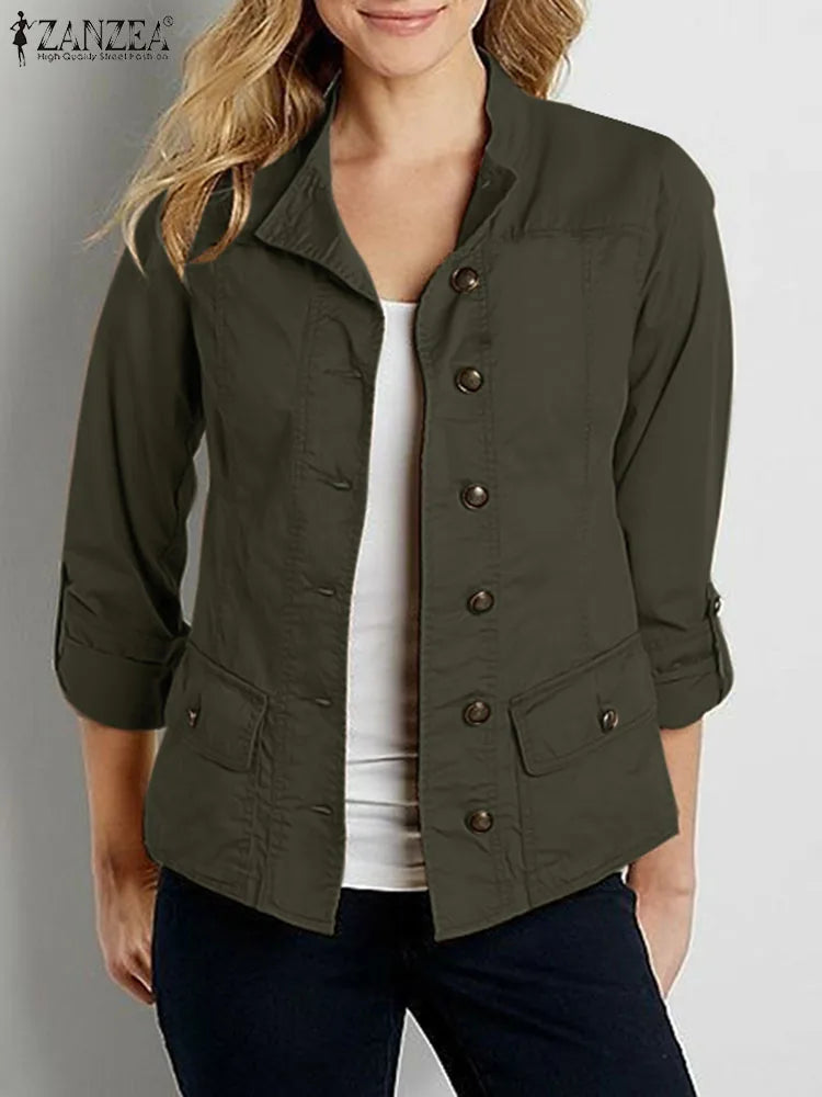 Fashion OL Jackets Woman Long Sleeve Stand Collar Outerwear Autumn Vintage Party Work Wear Female Elegant Button UP Coats