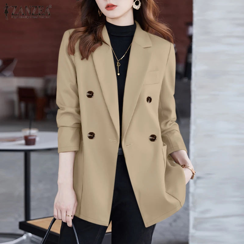 Casual Women Blazer Solid Office Lady Commute 2025 Spring Thin Jackets Lapel Neck Double-Breasted Long Sleeve Blazer