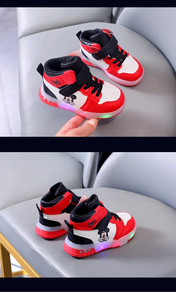 Disney Girls' Casual Sneakers PU Leather Mickey Mouse LED Light-Up Children's Sneakers - 1-6 Years Old Sports Casual Footwears