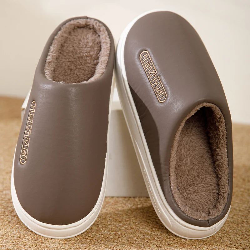 Unisex Anti-slip Waterproof Winter Cotton Slippers Women Men Home Indoor Warm House Shoes Couple Soft Flat PVC Sole Footwear