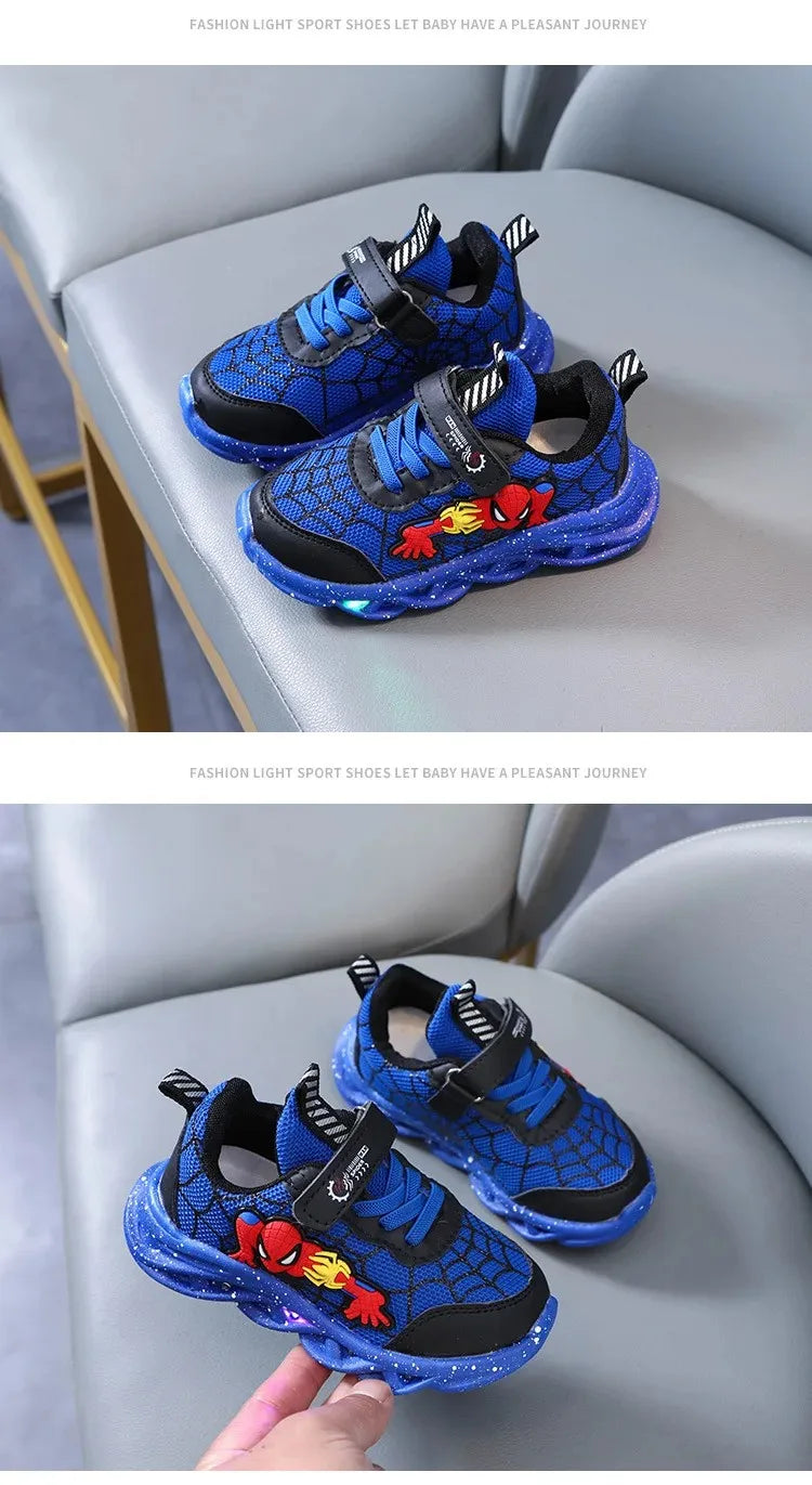 Disney Spiderman Light-Up Boys Spring Sneakers Breathable Mesh Outdoor Shoes with Non-Slip Sole, Illuminated LED Kid Footwear