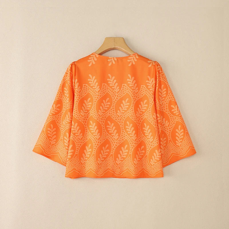 Casual Printing Shirts Women 2025 Autumn Elegant O-Neck Three Quarter Sleeve Button Up Chemises Femme Everyday Wear Tops
