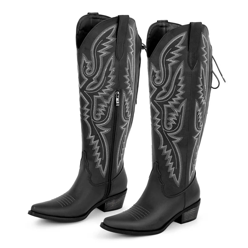 Women Pointed Toe Side Zipper Embroidered Western Cowboy Boots Block Heel Cowgirl Booties