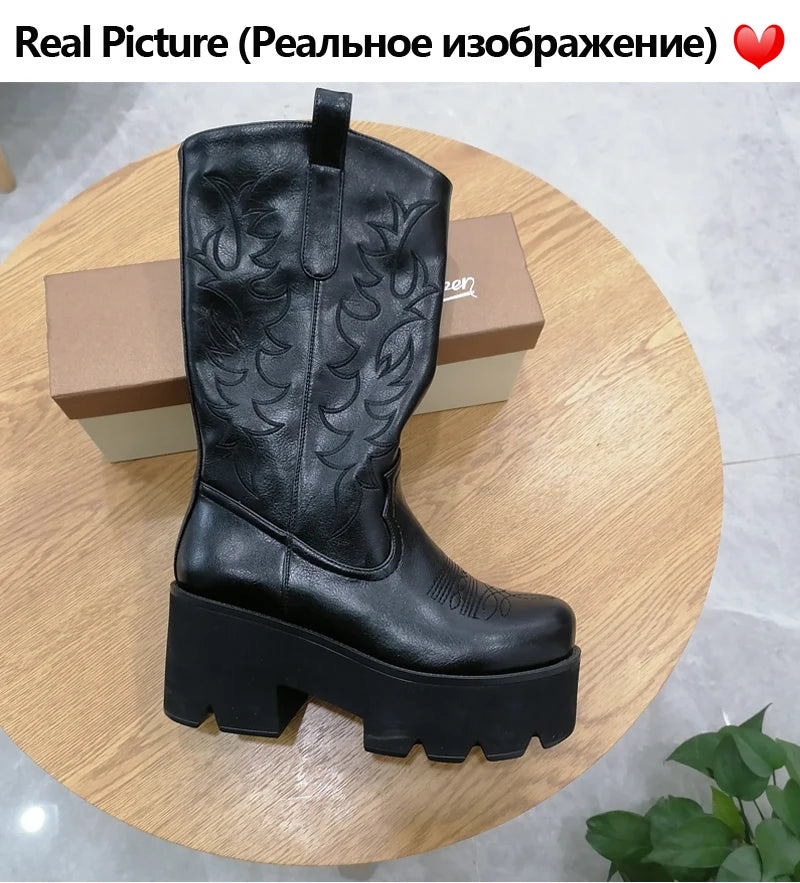 Women Platform Mid Calf Boots Black Chunky High Heels Big Size Lady Short Booties