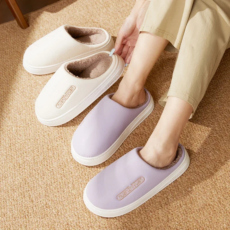 Unisex Anti-slip Waterproof Winter Cotton Slippers Women Men Home Indoor Warm House Shoes Couple Soft Flat PVC Sole Footwear