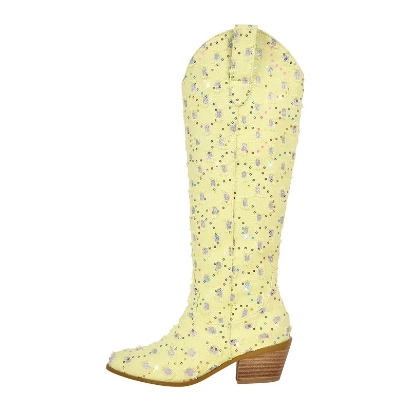 Women Pointed Toe Knee High Boots Western Boots Wide Calf Embroidered Canvas Block Heel Pull-On Cowgirl Booties
