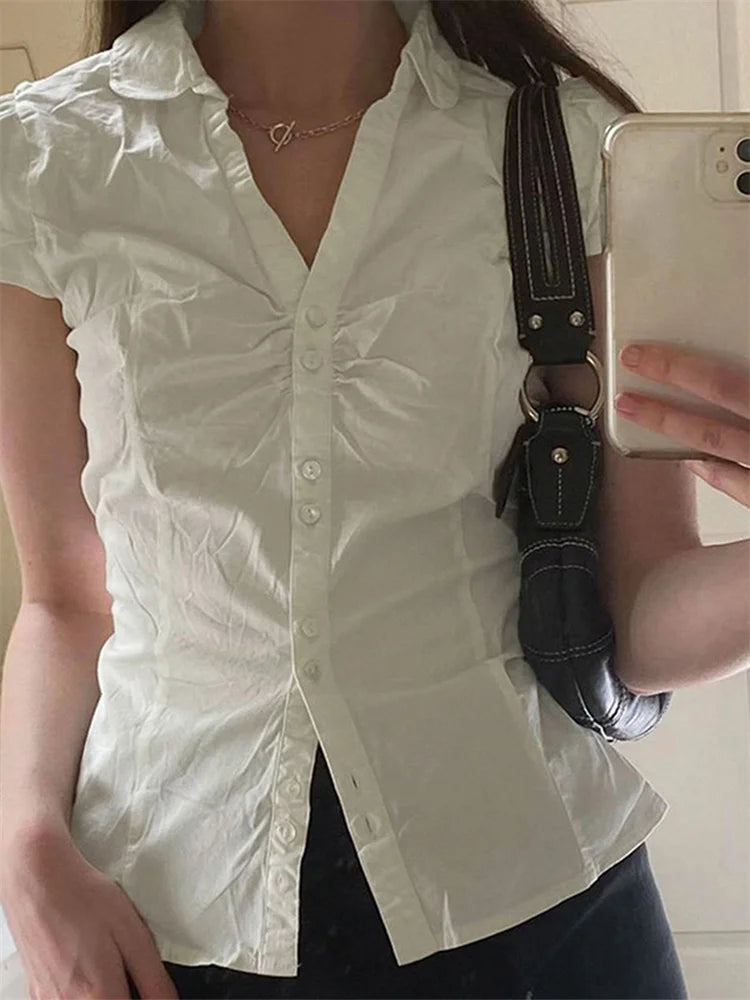Women's Buttons Down Shirt, Short Sleeve Lapel Collar Back Tie-up, Slim Fit Tops For Summer Streetwear