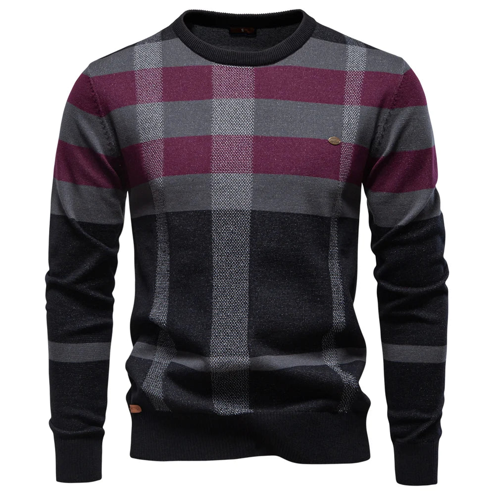 Men's Contrast Colour Sweater Striped Crewneck Pullover Warm Knitted Cotton Blend Luxury Winter Male Sweater