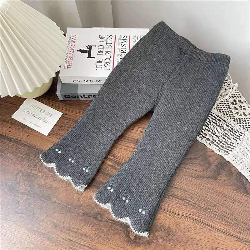 New Winter Girls Leggings Children Cute Embroidered Cherry Render Pants Kids Pit Strip Fleece Padded Bell-bottoms 4-6Y Girls