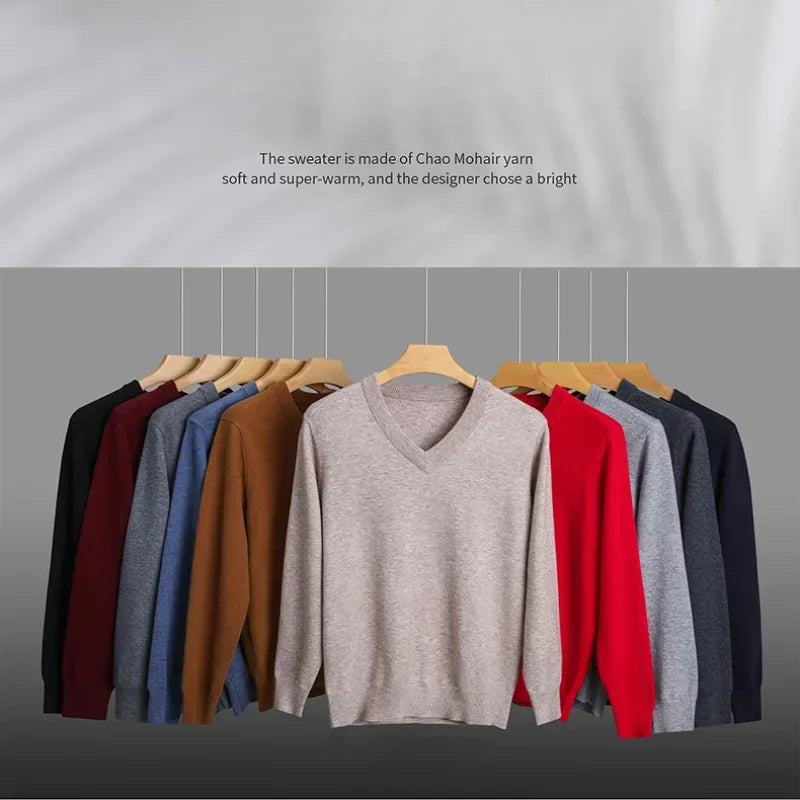 Men's Warm V-Neck Solid Colour Sweater, Autumn & Winter Stretch Top, Daily Leisure Pullover Knitwear, Male Business Casual