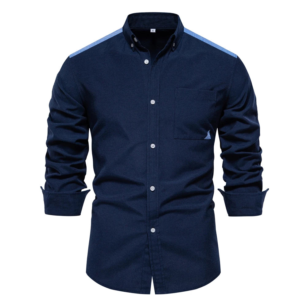 Men's Spring Patchwork Oxford Shirt Casual Wear Cotton Blend Pocket Shirts For Men