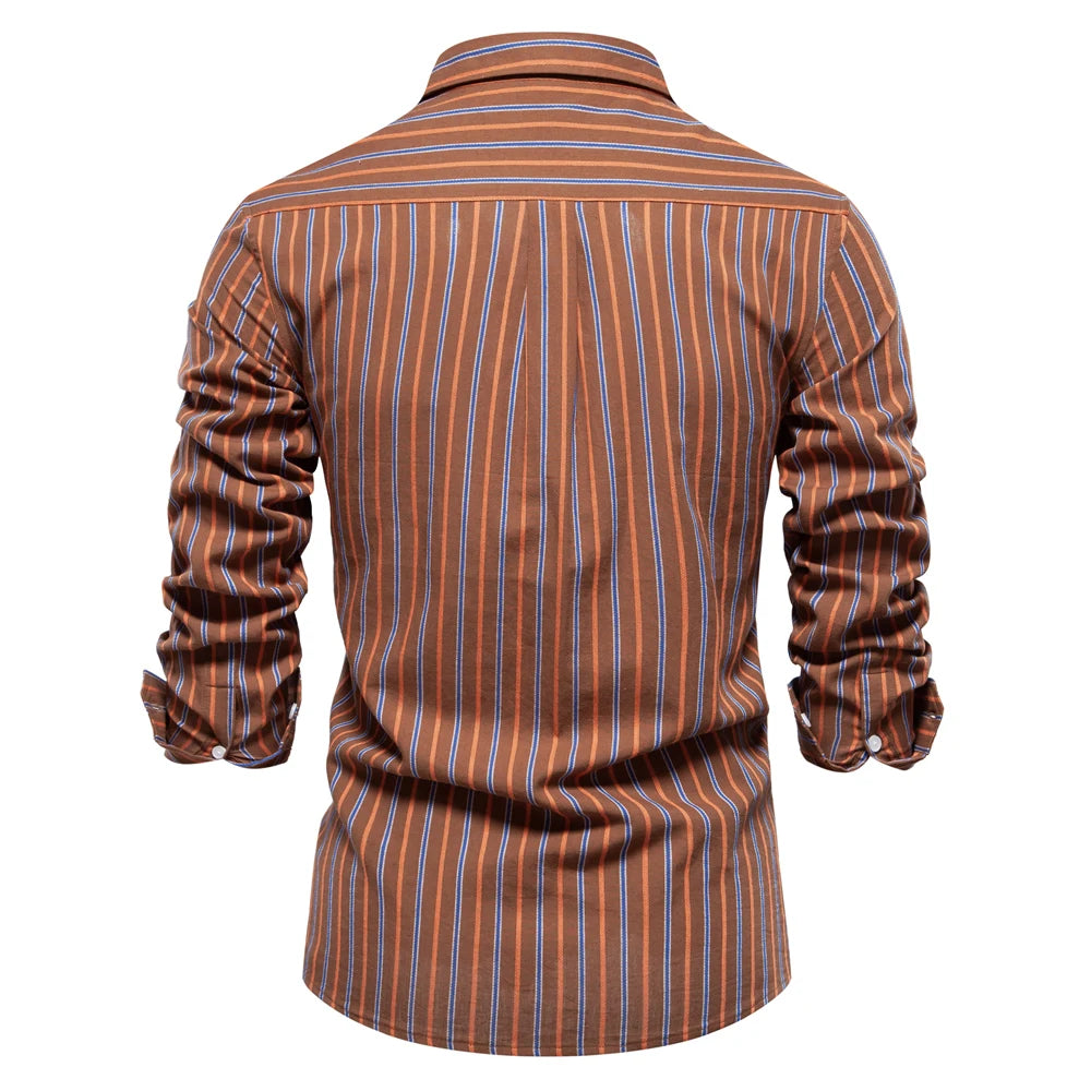 2023 Nieuwe herfst 100% katoenen gestreept overhemd voor heren Lange mouwen Omslagkraag Sociale herenoverhemden Klassieke zakelijke herenkleding