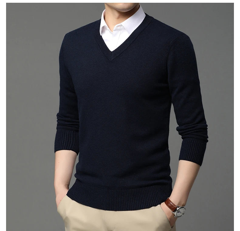 Men's High Quality Fashion Brand, Woollen Knit Pullover V-Neck Sweater, Autumn and Winter Casual Male Jumper