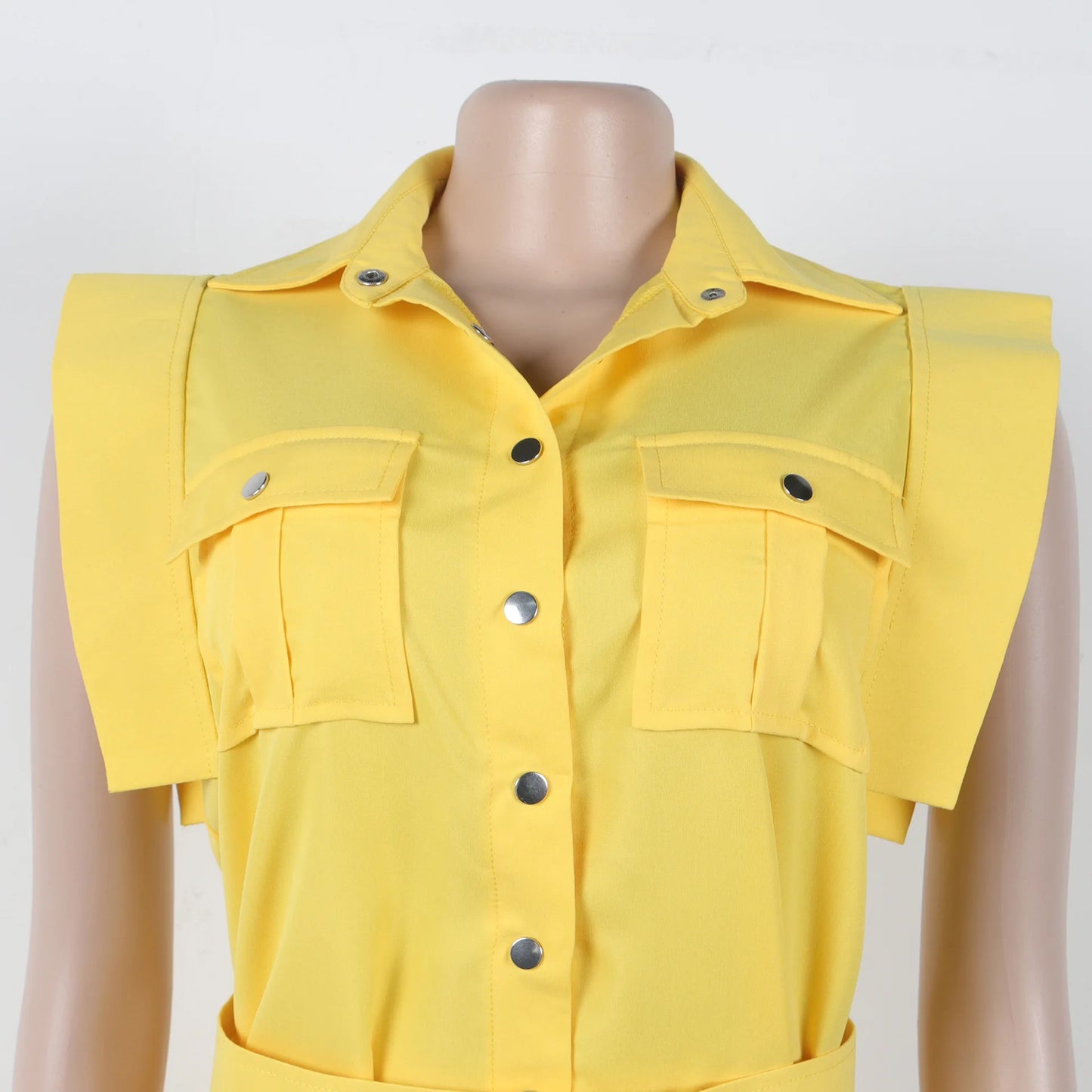 Women's Casual Solid Color Sleeveless Button Front Shirt Blouse and High Waist Big Swing Skirt 2pcs Set