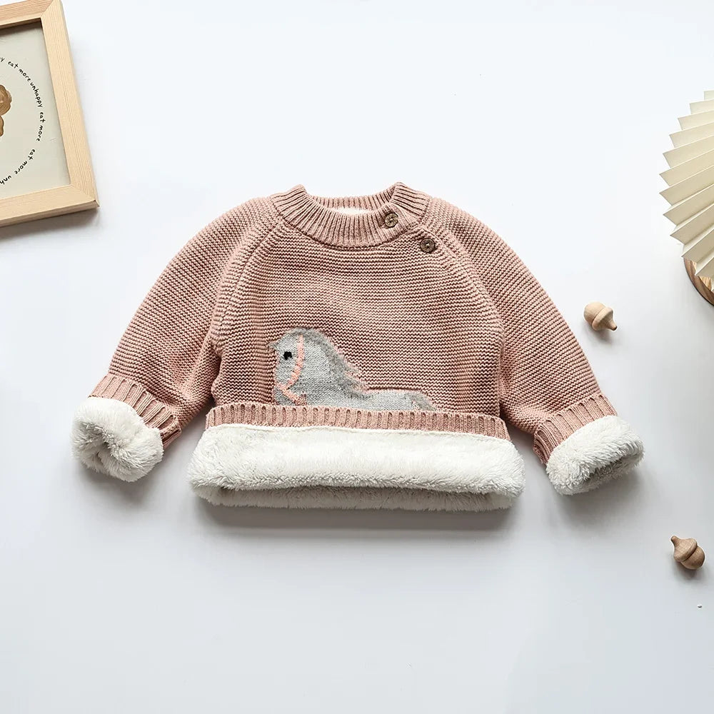 Winter New Cartoon Kids Baby Sweaters Fur Lining Kids Knitwear Fleece Boys Girls Pullover Coat 1-6Y Unisex