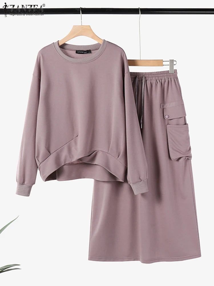 Daily Wear Elastic Waist Skirt Dress Sets Casual Spring Loose Solid Skirt Suits Women Knotted Hem Sweatshirt 2pcs Outfits