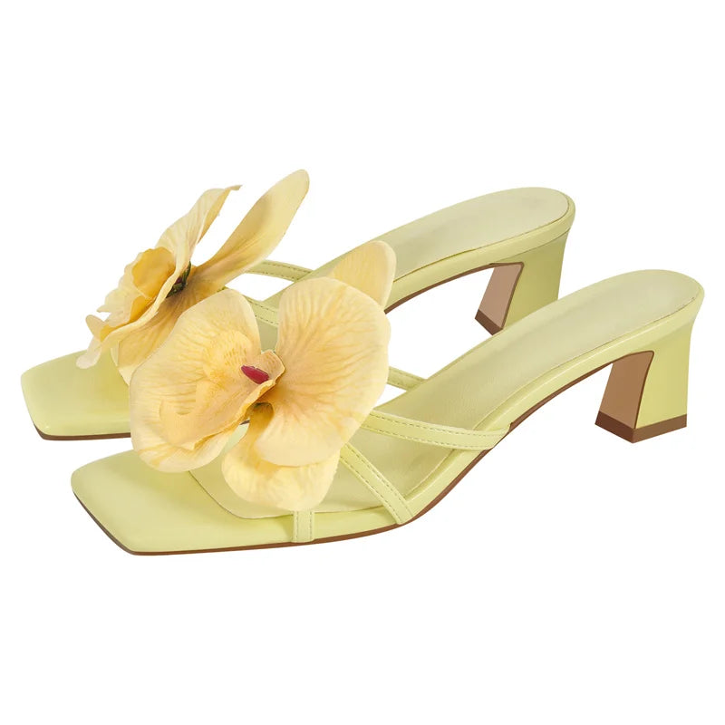 Women Square Toe Flower Mulesl Orchid Heels Slip On Thong 5CM Thin Heel Woman Sandals