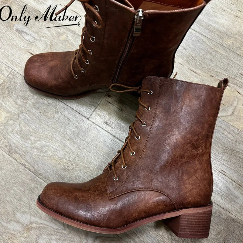 Women Brown Lace UP Ankle Boots Round Toe Gothic Heeled Concise Side Zipper Winter Motorcycle Boots