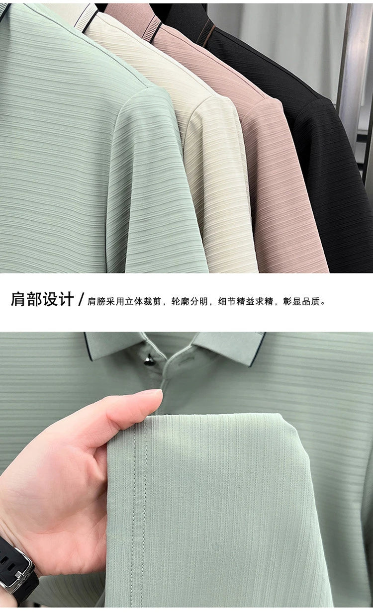 Men's Short-Sleeved T-Shirt, Subtle Striped Texture, Classic Collar Design With Button Details - Soft and Breathable Fabric Polo