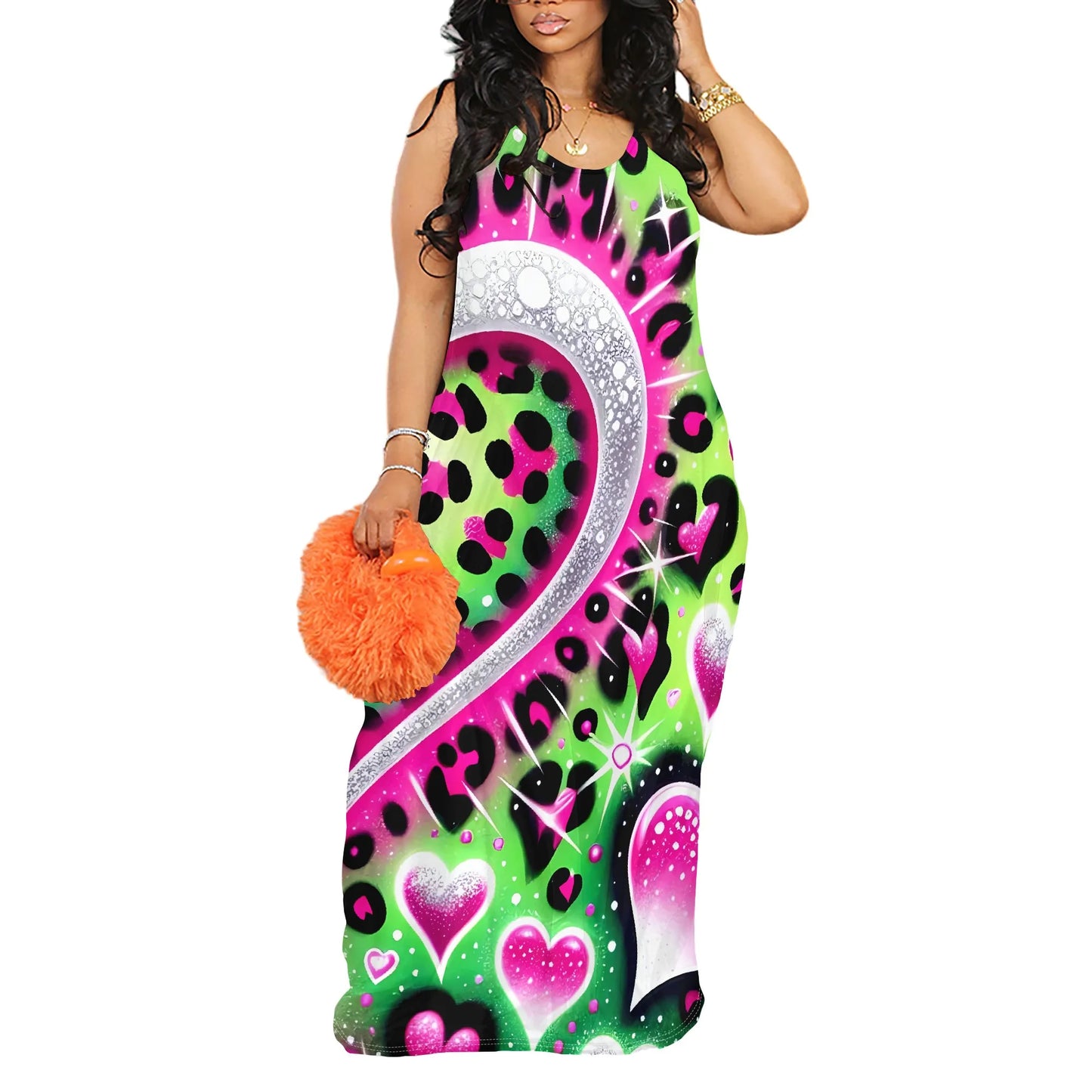 Leopard Heart Print Maxi Dress - Women's Cute Boho Beachwear 2025