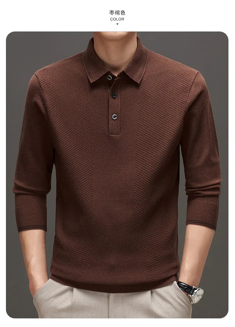 Men's Solid Colour Business Casual Polo Shirt, Suitable For Daily Commute, Pullover Sweater, Warm Knitted Long-Sleeved Cardigan
