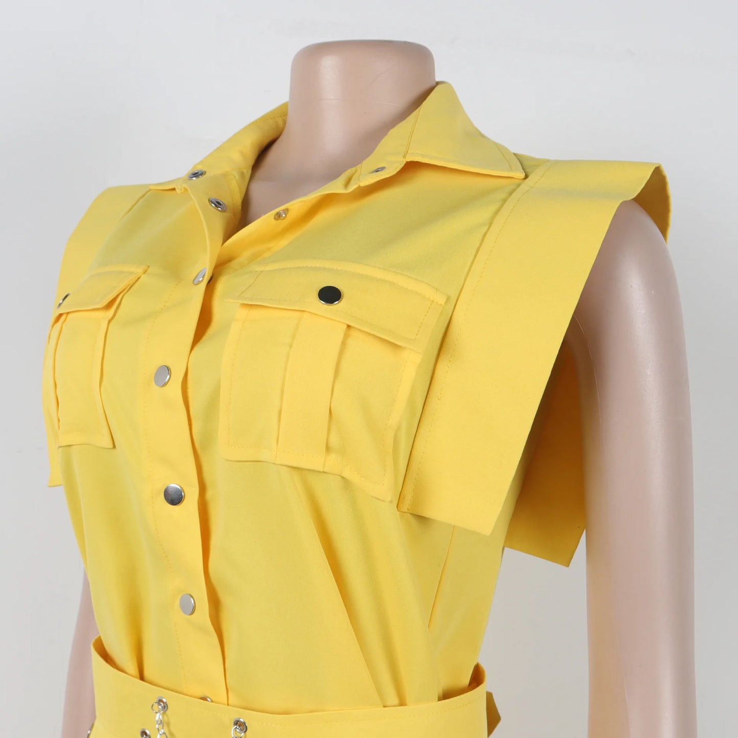 Women's Casual Solid Color Sleeveless Button Front Shirt Blouse and High Waist Big Swing Skirt 2pcs Set