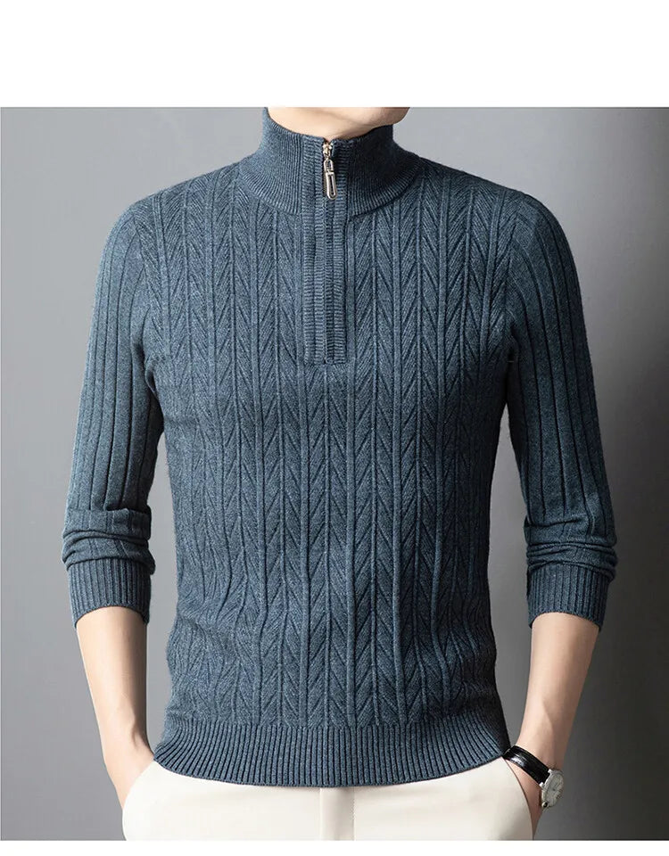Men's High-Quality Semi-High-Neck, Business Casual Warm Sweater, Stretchy Striped Male Pullover Sizes M-4XL