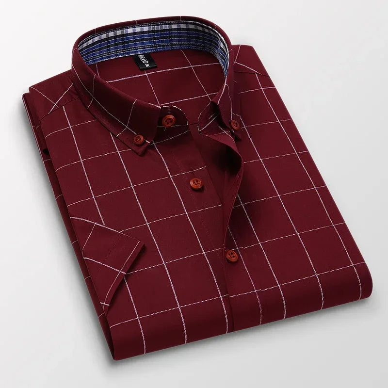 Summer Men Shirts Short Sleeve Plaid Shirt Slim Casual Button Up Dress Shirts Men Big Size M-5XL Anti-wrinkle Soft