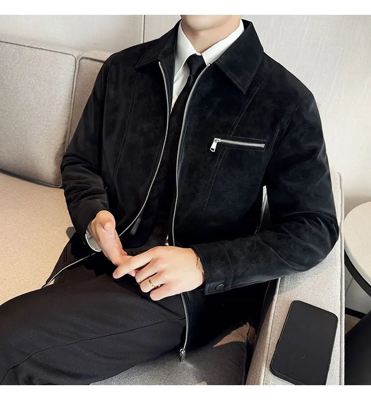 Men's Suede Casual Jacket, Lapel Fashionable Jacket, High-Grade Zipper Decorations, Business Casual Warm Male Coat
