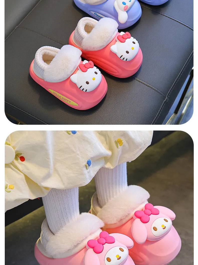 Girls' Home Fur Slippers Kawaii Anti-Skid Warm Cotton Cartoon Plush Waterproof Home Winter Shoes Size 24-41