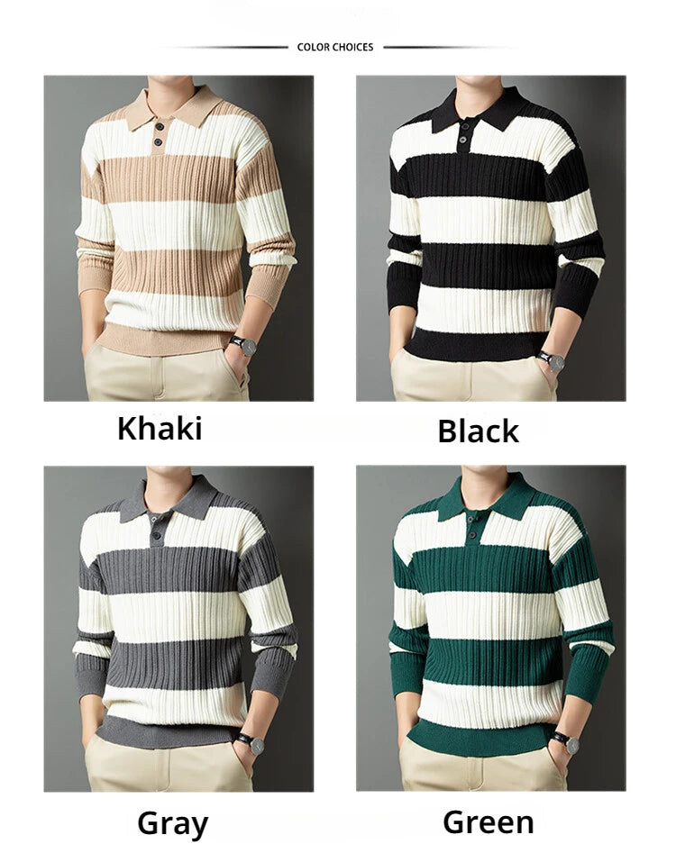 Men's Polo Shirt Luxury Pullover Sweater Fashion Thick Warm Sweater Striped Casual T-shirt, Male Top Loose Knitwear
