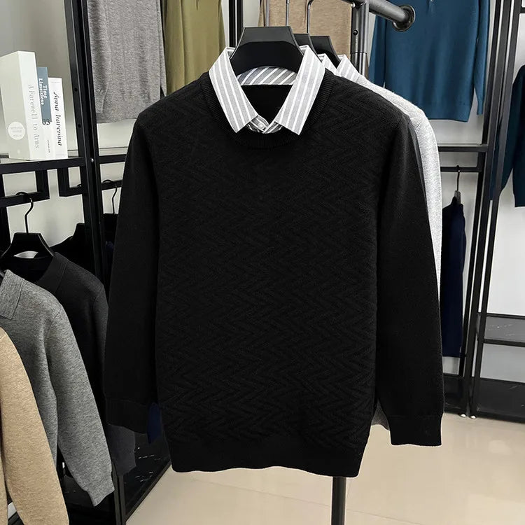 Men's Knitted Sweater With Shirt Collar - Vintage Style Fake Layered Business Casual, Pullover Old Money Style Top
