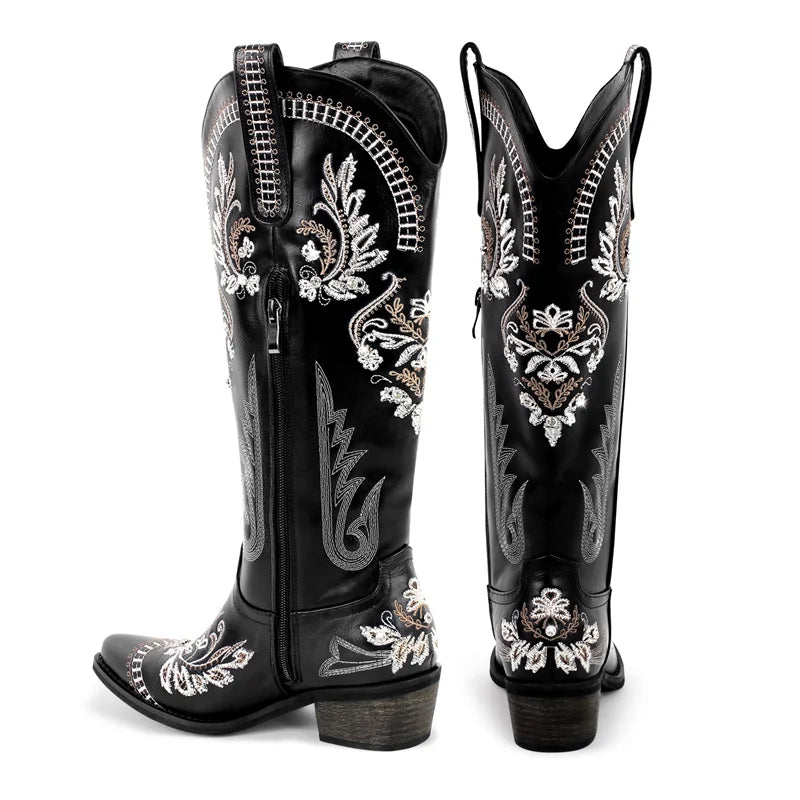 Women Pointed Toe Embroidered White Western Cowboy Boots Block Heel Pull-On Cowgirl Booties