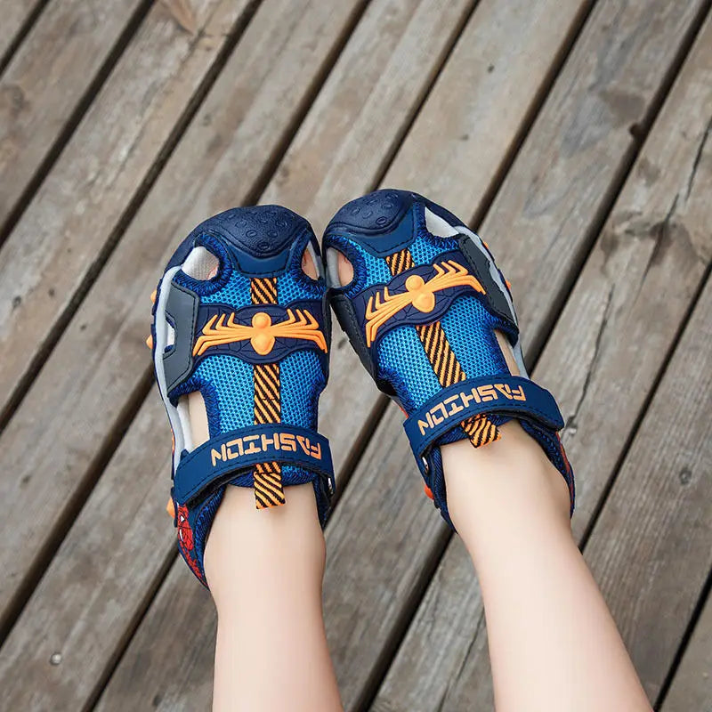 Children Sandals Male Summer Sandals Student Open Peep Toe Cartoon Beach Anti slip Soft Sole Black Blue Shoes Size 26-35