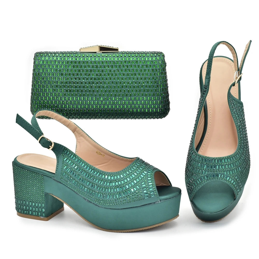 Africa Shoe and Bags Set Decorated with Rhinestone Wedges Shoes for Women Italian Women Wedding Shoes with Bag Set