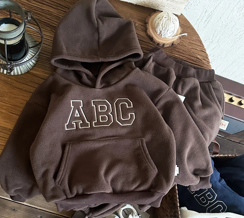 Winter Kids Clothing 2PCS Set Fur Lining Boys Girls Hoodie Set Hooded Sweat Shirt And Pants Track Suit 12M-7T Unisex