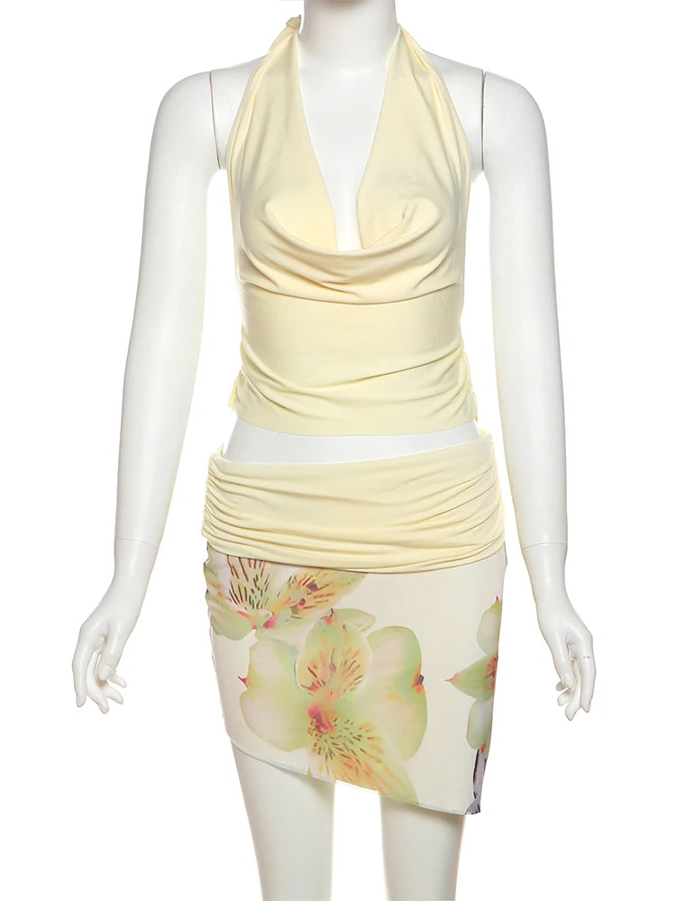Temperament 2-Piece Set Women Halter Backless Swing Collar Tops + Wear Both Front And Back Patchwork Skirts Matching Suits