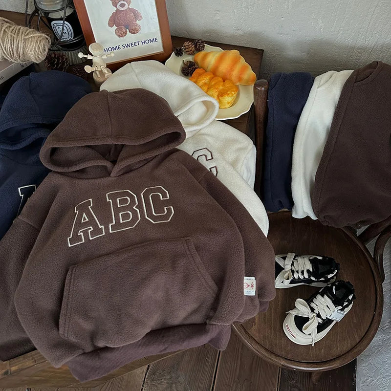 Winter Kids Clothing 2PCS Set Fur Lining Boys Girls Hoodie Set Hooded Sweat Shirt And Pants Track Suit 12M-7T Unisex