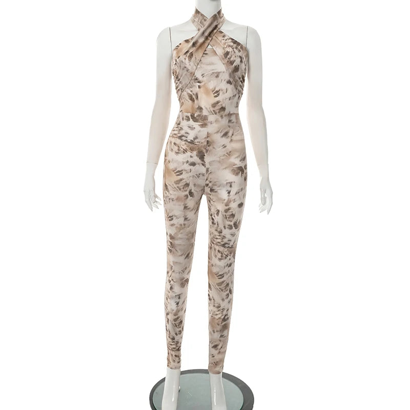 Cross Halter Jumpsuit Women Summer Foliage Print Backless Sleeveless Stretch Fitness Activity Streetwear Overalls