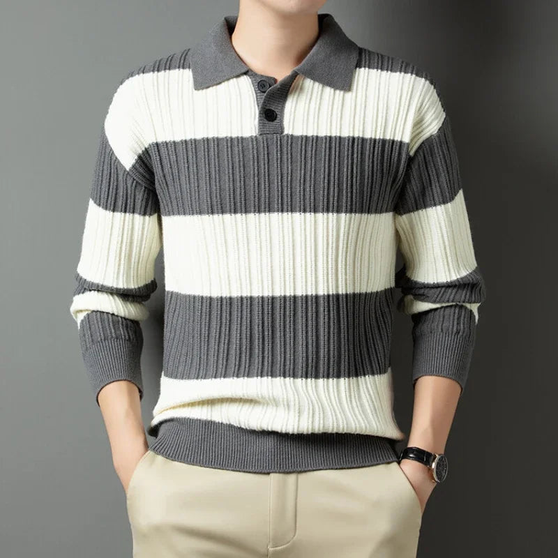 Men's Polo Shirt Luxury Pullover Sweater Fashion Thick Warm Sweater Striped Casual T-shirt, Male Top Loose Knitwear