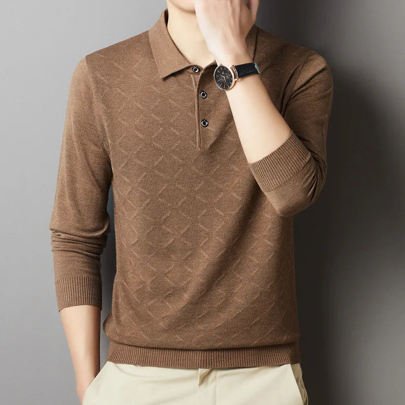 Men's High Quality Woollen Polo Shirt, Blend Fashionable Embroidered Long Sleeve Tee, Korean Style Casual Menswear