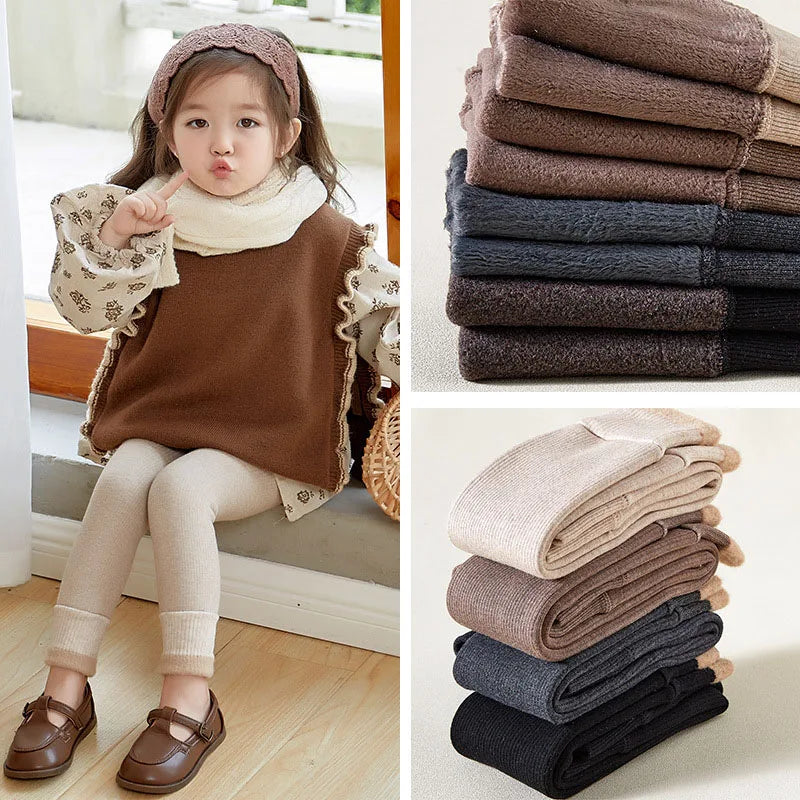 New Autumn Kids Leggings Infant Girls Solid Colour Pit Strip Render Pants Toddler Fleece Padded Warm Trousers 1-3Y Girls
