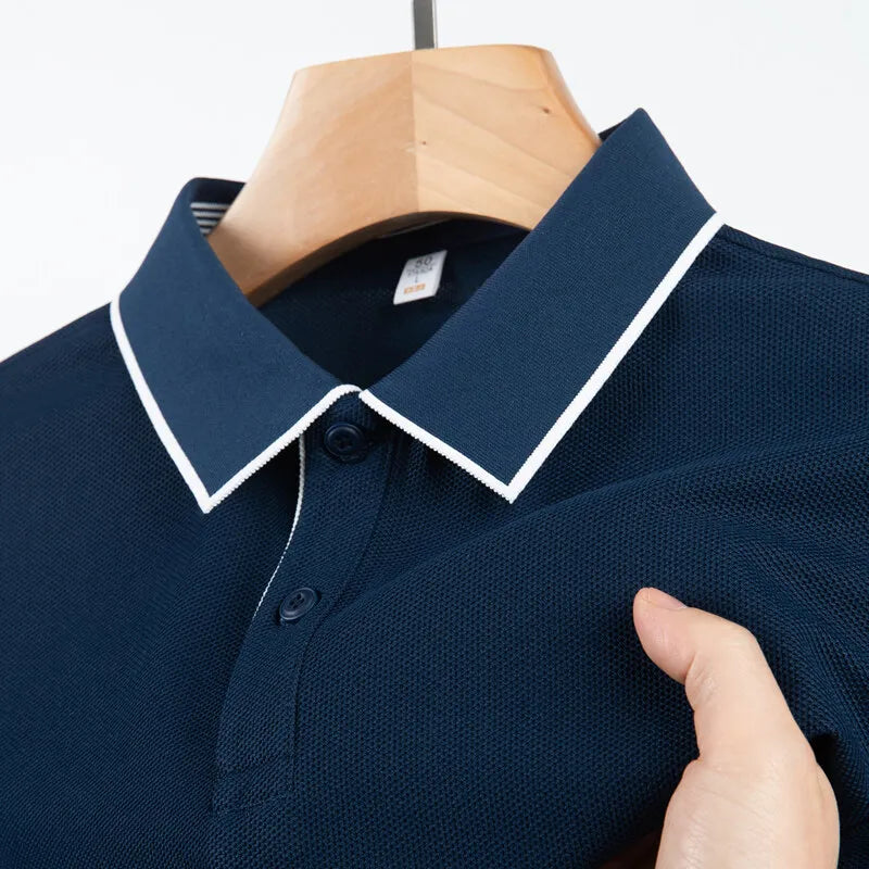 Men's Business Casual Polo Shirt With White Trim Short Sleeve, Classic Collar Design, Breathable, & Male Stylish T-Shirt