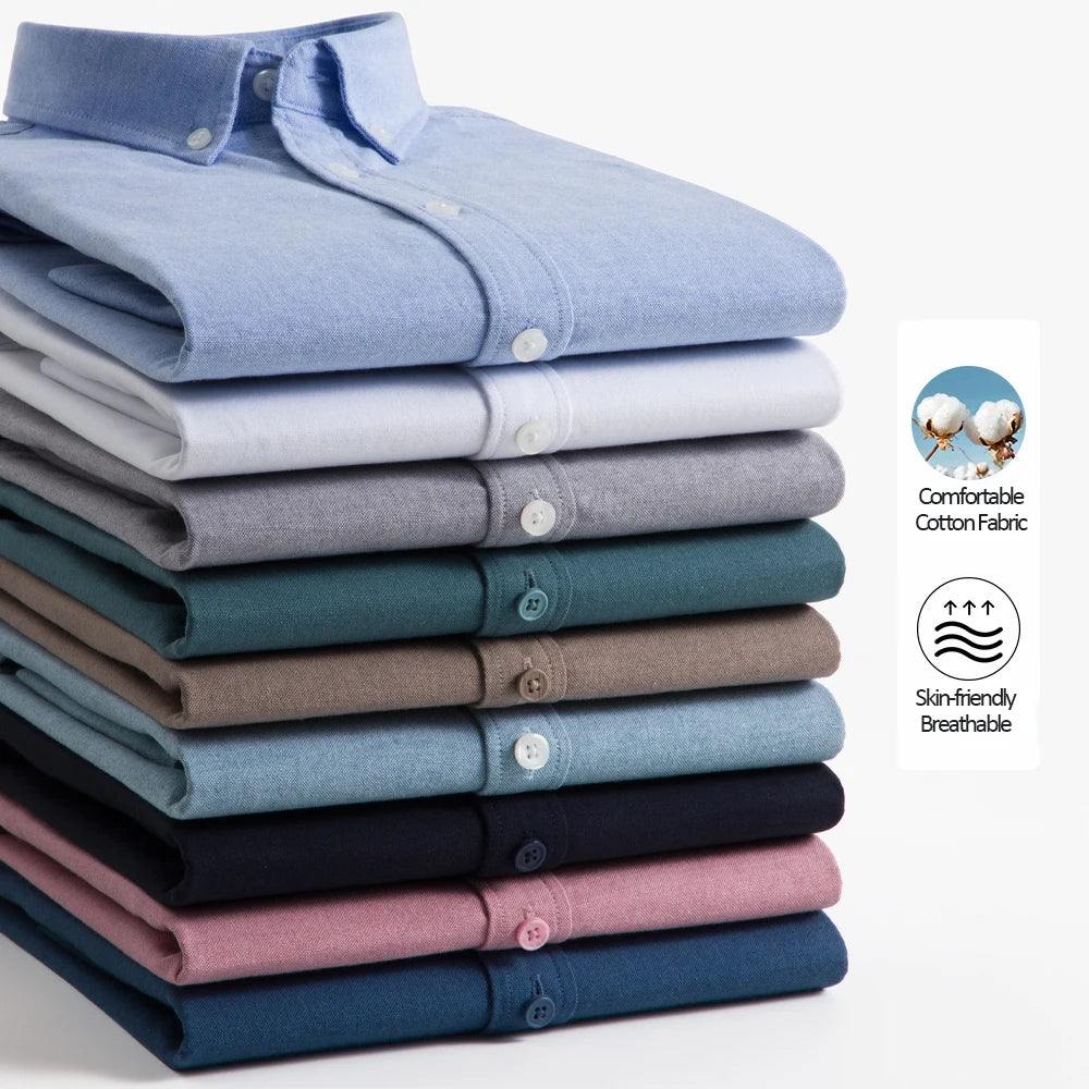 Men's Slim-Fit Oxford Cotton Shirt, Long Sleeves, Casual Breathable Fabric, Exquisite Craftsmanship, Brand with OEM Processing